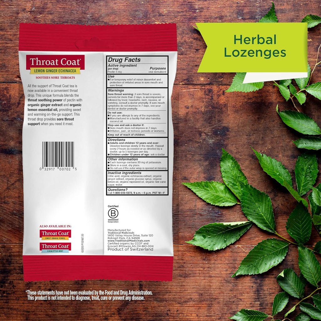 Throat Coat Organic Pectin Throat Drops, Lemon Ginger Echinacea, Soothes Sore Throats, 16Ct.
