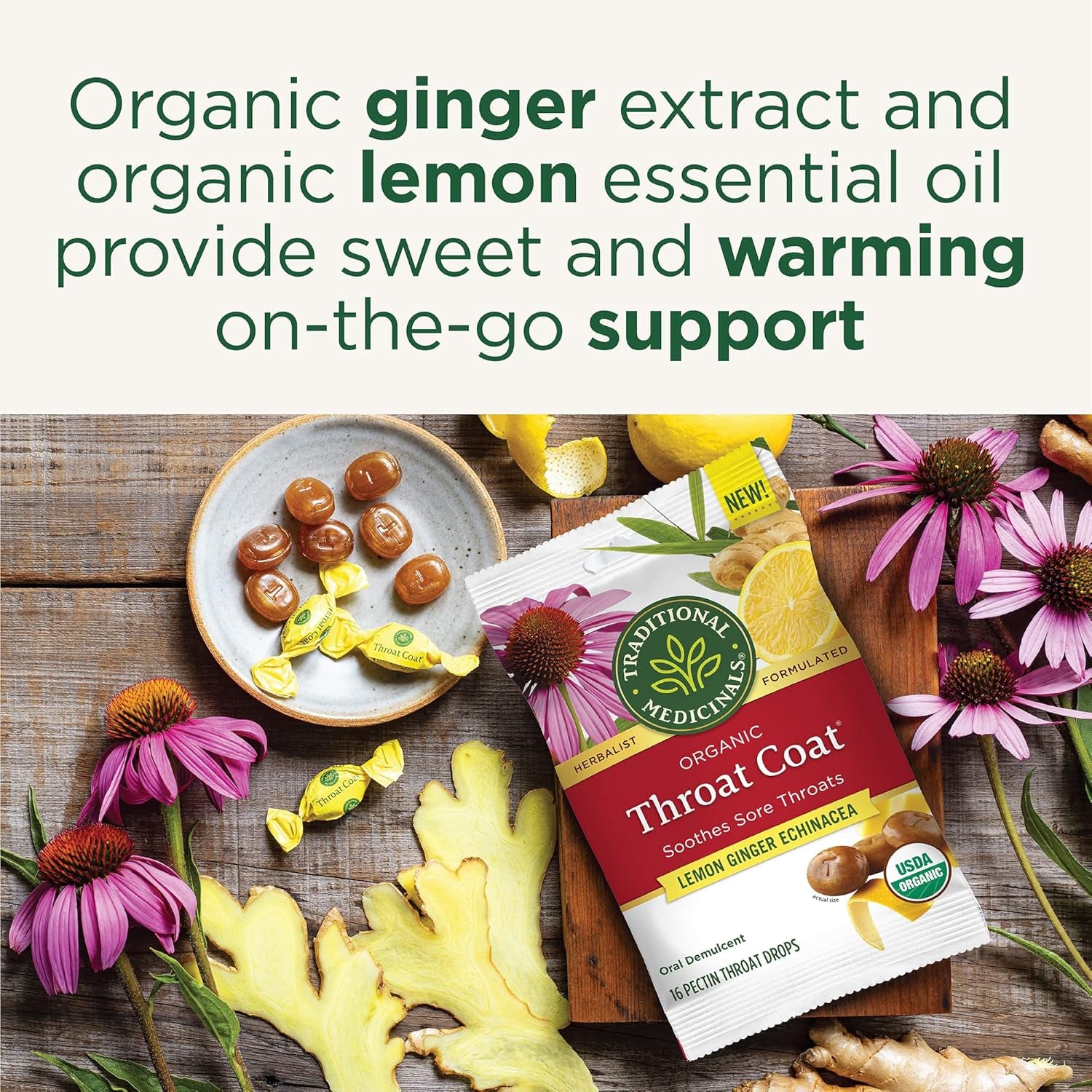 Throat Coat Organic Pectin Throat Drops, Lemon Ginger Echinacea, Soothes Sore Throats, 16Ct.